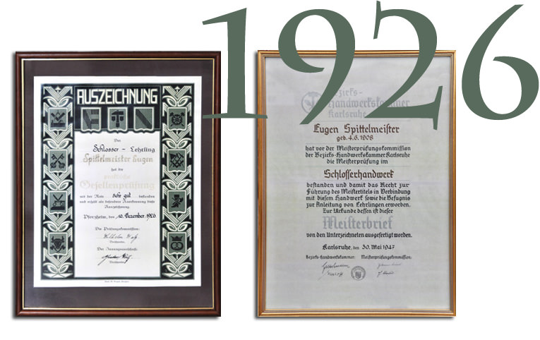 Gesellenprüfung mit Auszeichnung und Meisterbrief aus dem Jahre 1926