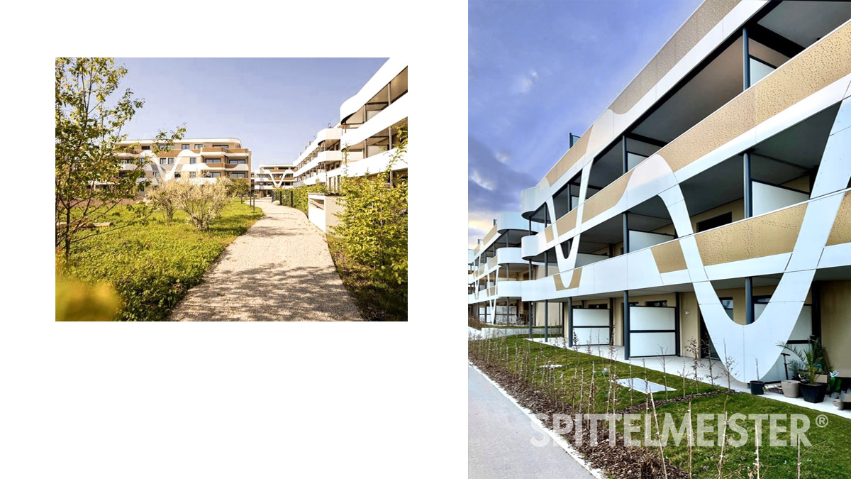 Die schönsten Balkone hier mit goldener Welle und goldenem Lochblech-Geländer